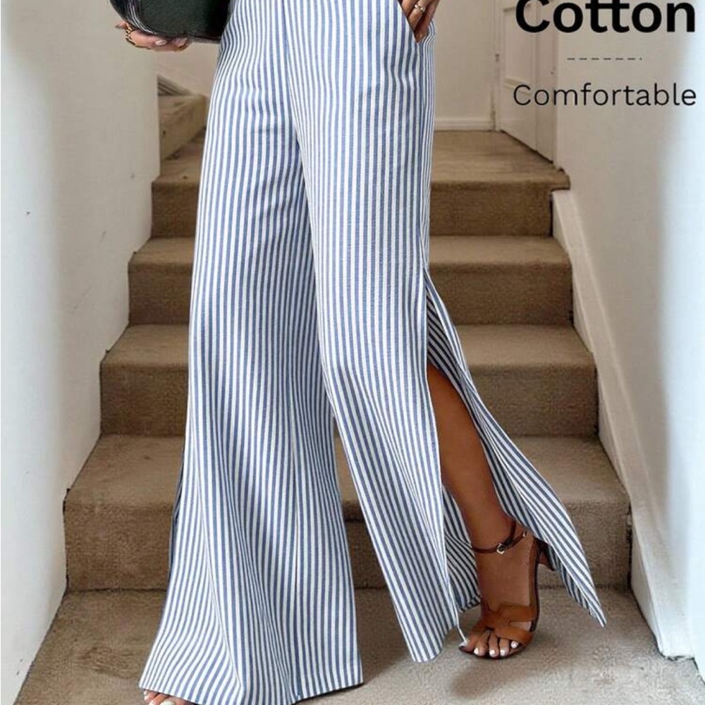 Striped Blue & White Wide-Leg Slit Pants - Picture 3 of 9